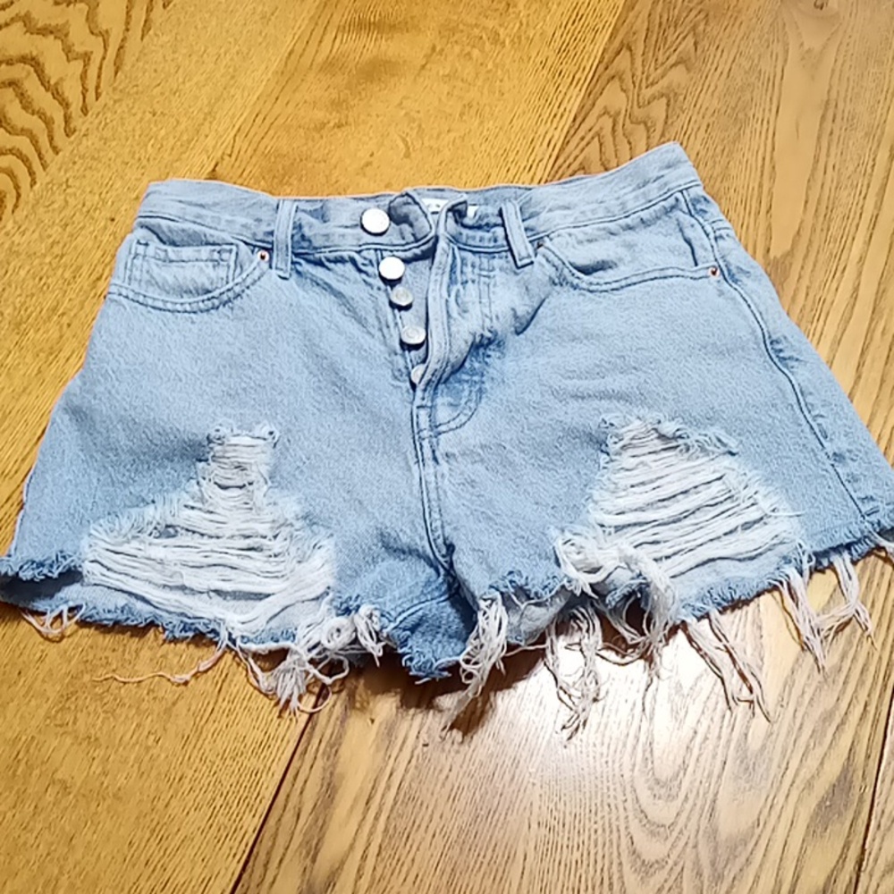 PACSUN Jeans Shorts Womens 25 BLUE Preowned HIGH RISE Distressed BUTTON FLY Rip